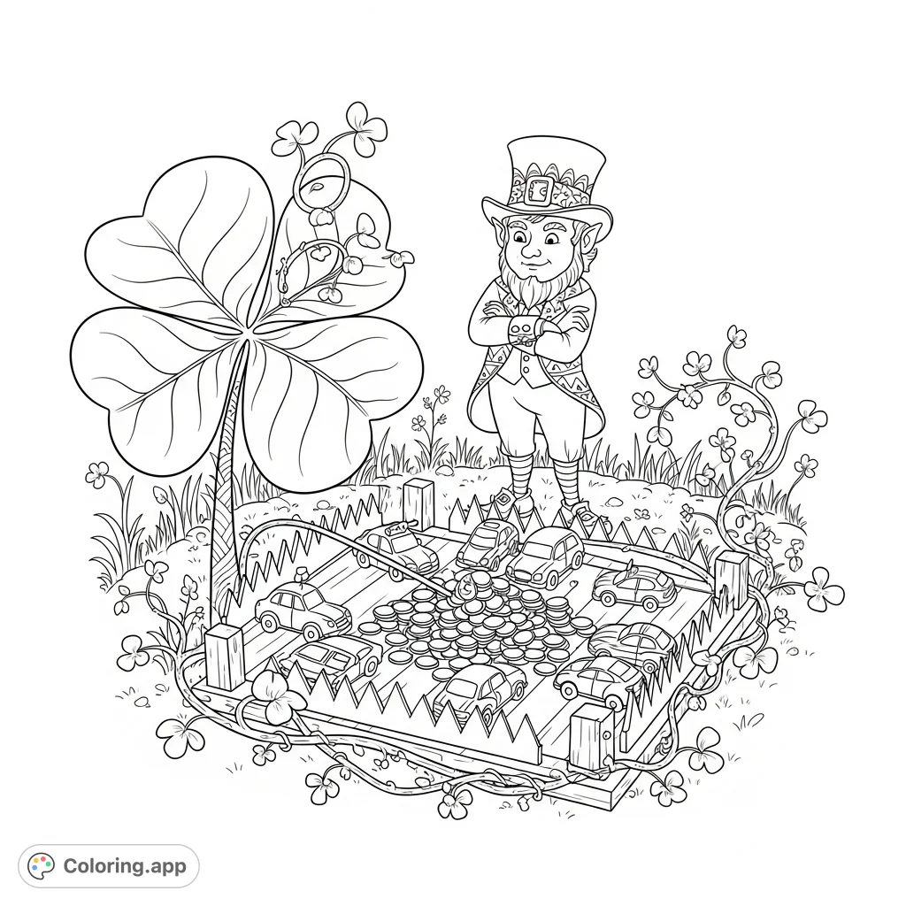 A whimsical leprechaun peeks at an elaborate car trap baited with gold, a clever St. Patrick's Day themed coloring page challenge.