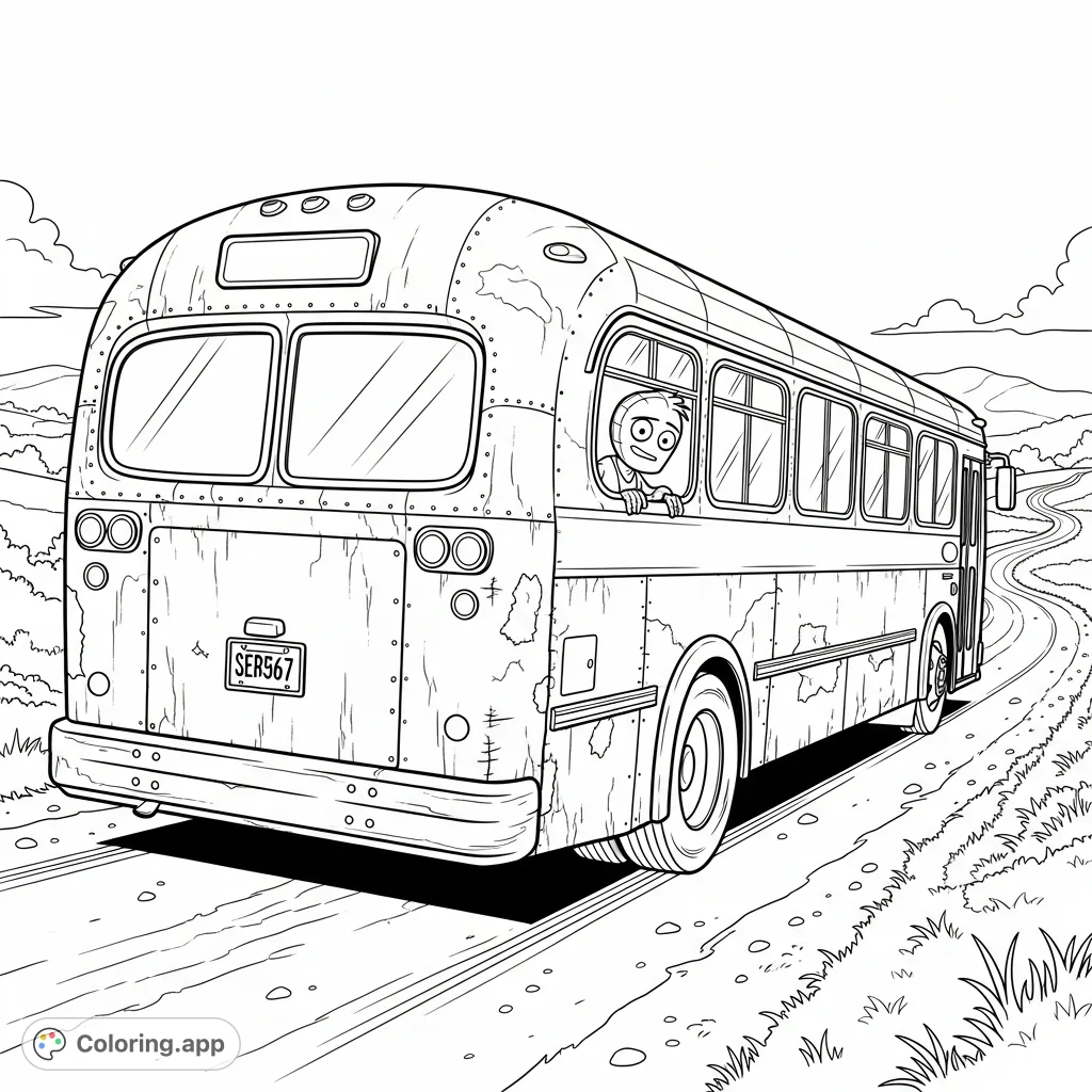 Join Symbie from Spidey and His Amazing Friends on a unique adventure! Color an old city bus with a crooked license plate on a winding dirt road.