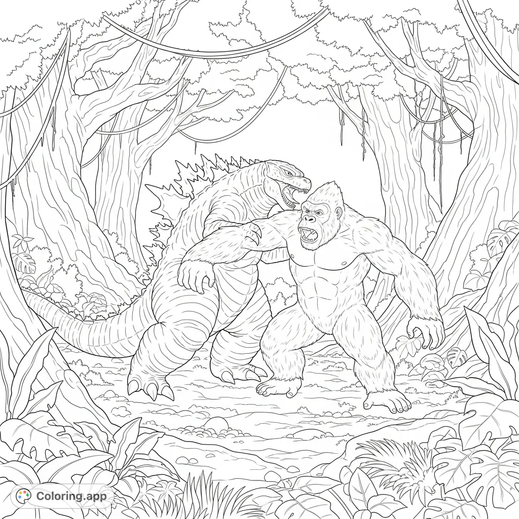 Witness the epic clash as Godzilla bites King Kong's shoulder amidst a dense rainforest in this thrilling, detailed coloring page. A titan battle!