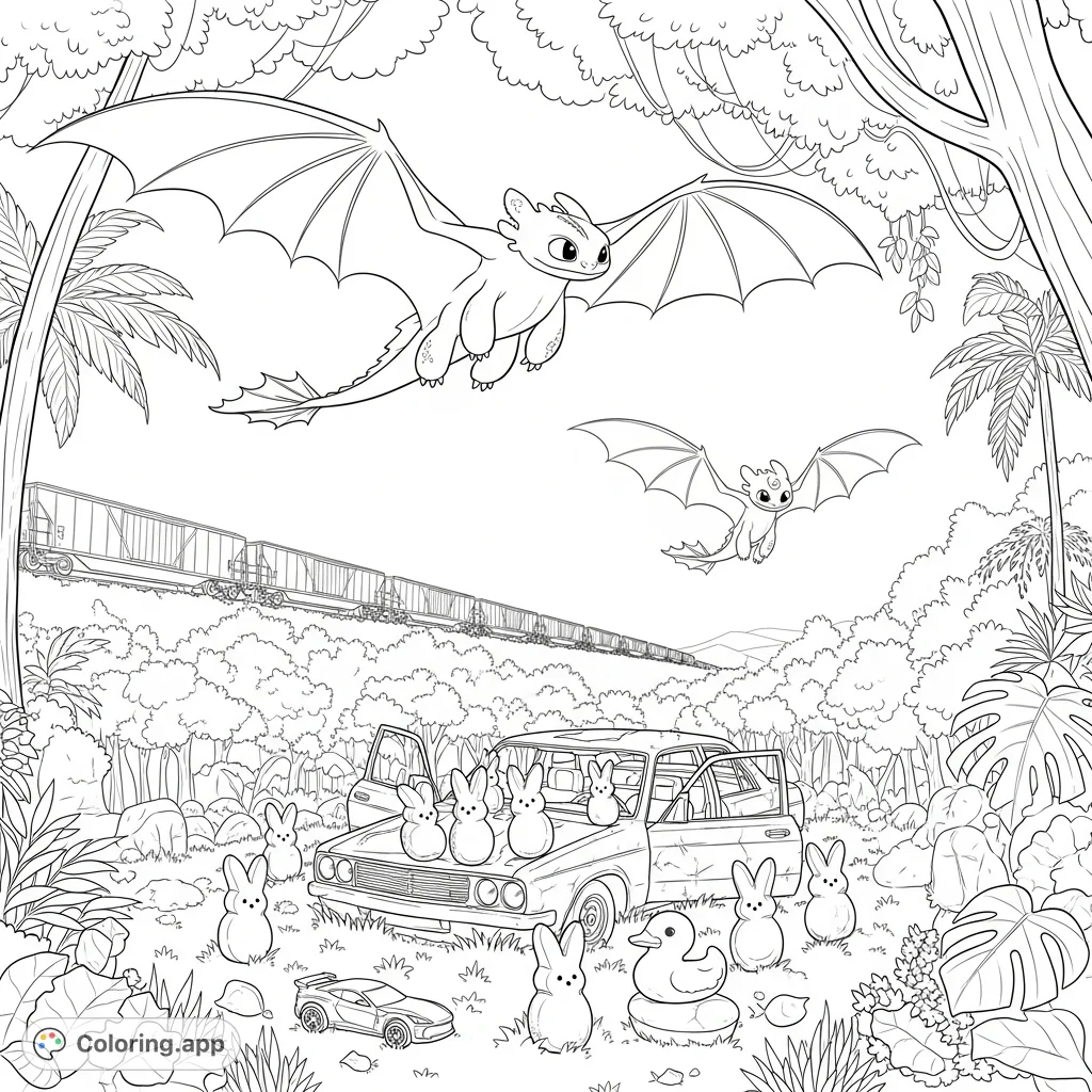 Join Toothless and a whimsical moon-dragon soaring above a tropical rainforest, where peep candies discover an abandoned car, with a freight train passing by.