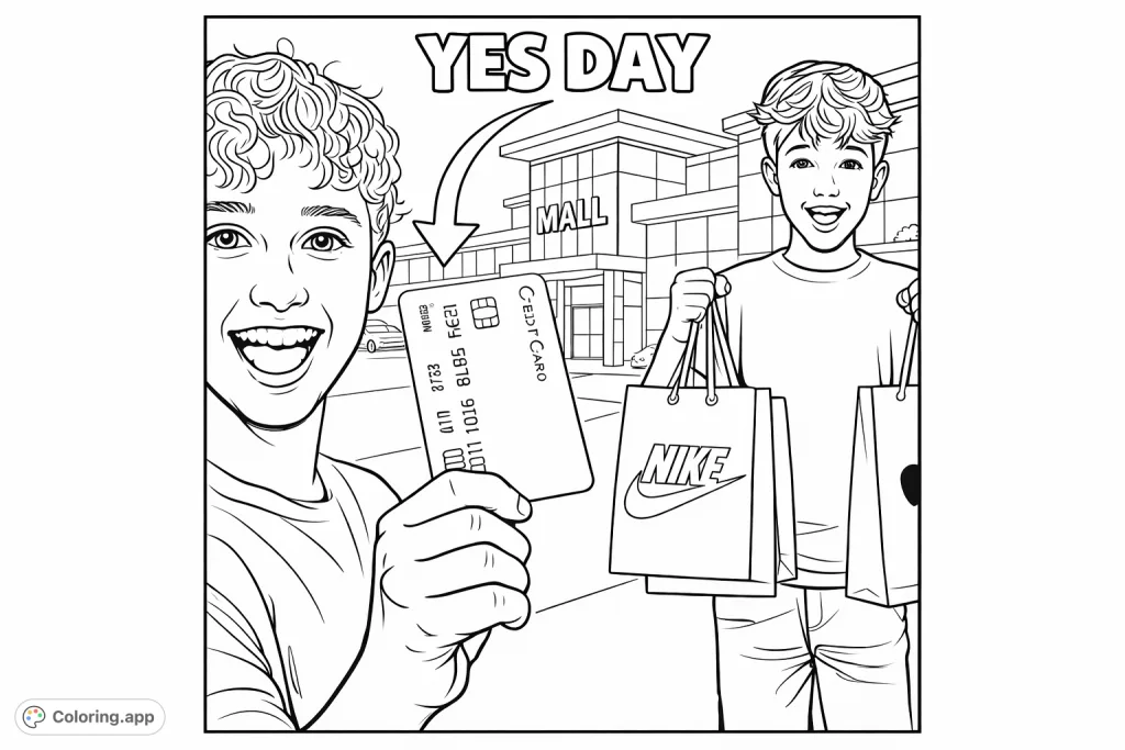 An exciting Yes Day mall shopping adventure with two happy boys, credit card in hand and shopping bags brimming. A fun, modern scene to color!
