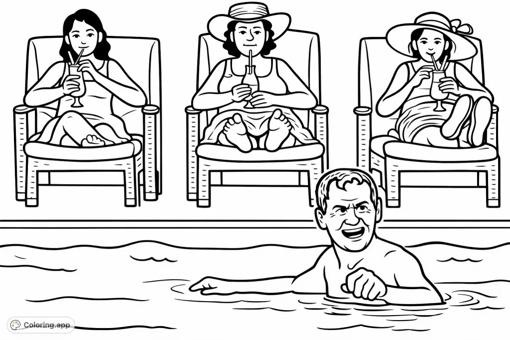 Enjoy a fun poolside scene featuring relaxing individuals on lounge chairs and a playful person in the water. Perfect for a summery coloring adventure!