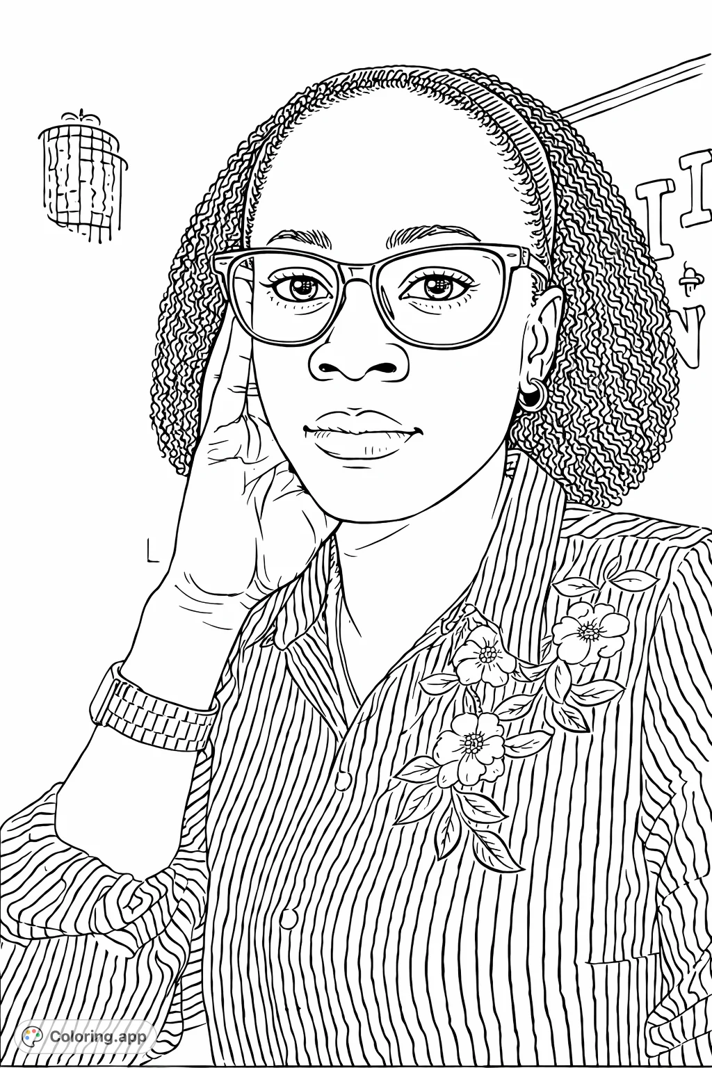 Capture the essence of a serene portrait featuring a person in a striped, floral-embroidered shirt, complete with glasses and accessories. A delightful coloring experience.