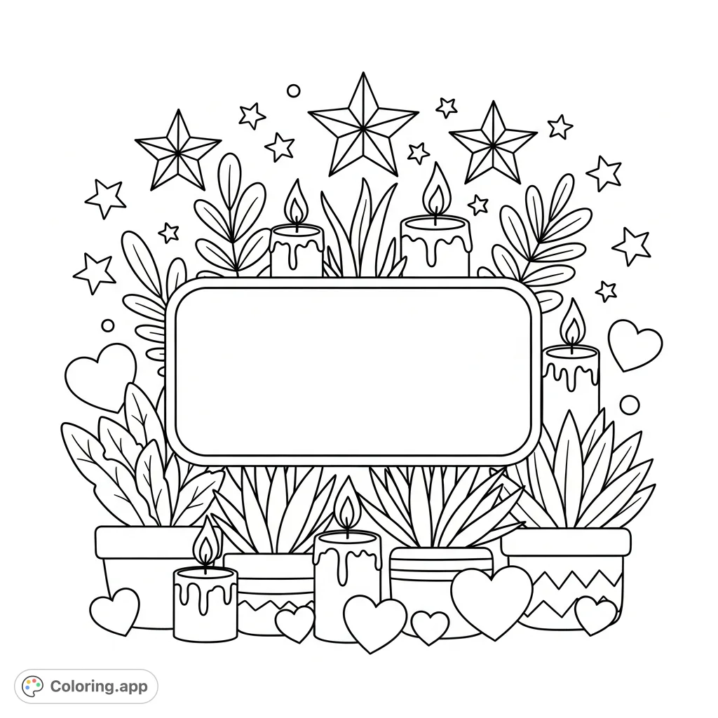 A charming, cartoon-style coloring page featuring a central quote space surrounded by stars, candles, plants, and hearts, perfect for personalization.