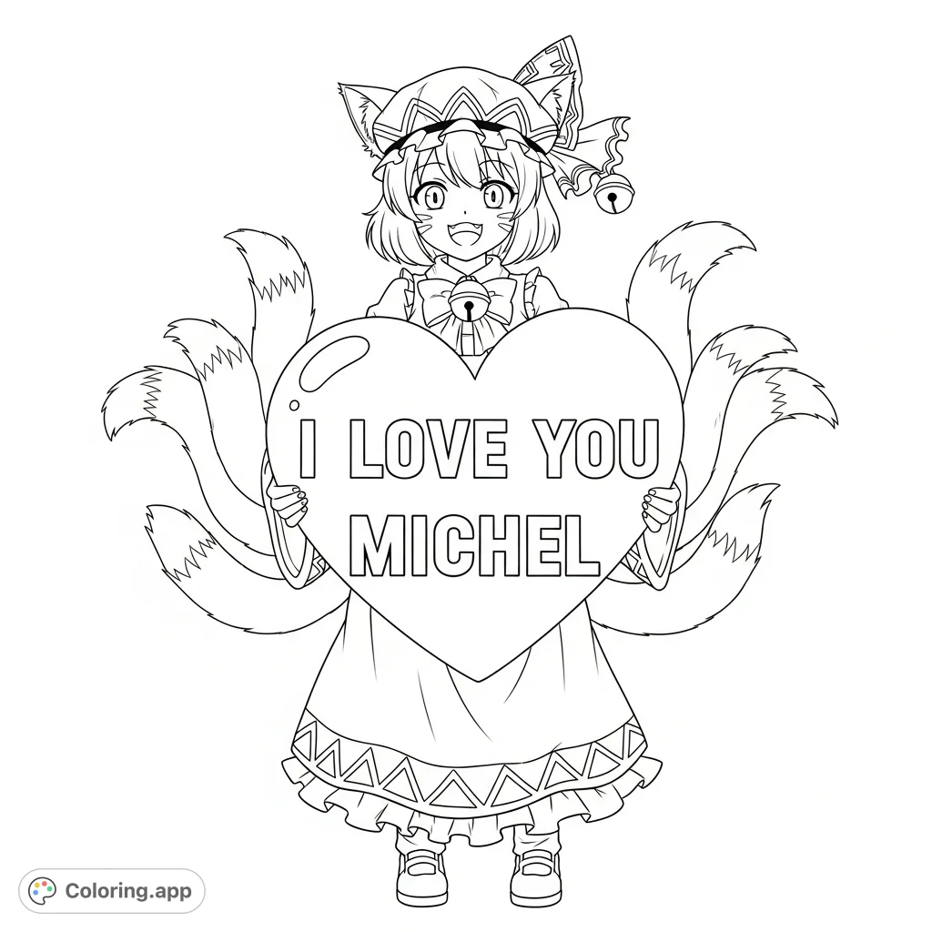 A charming Touhou coloring page featuring Chen happily holding a heart with a personalized 'I love you Michel' message. Perfect for fans!