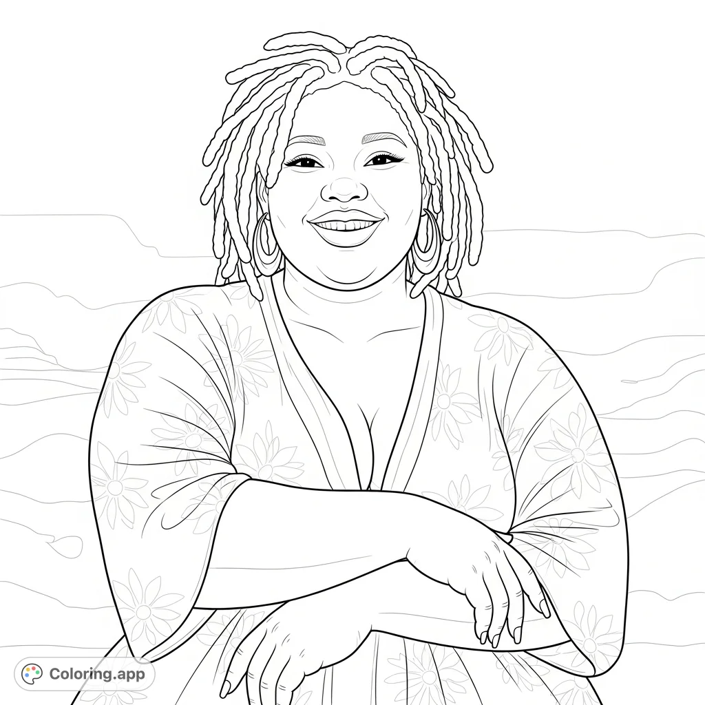 Capture the radiant smile and beautiful locs of this plus-sized woman in a joyful coloring page. Perfect for celebrating diversity and beauty.