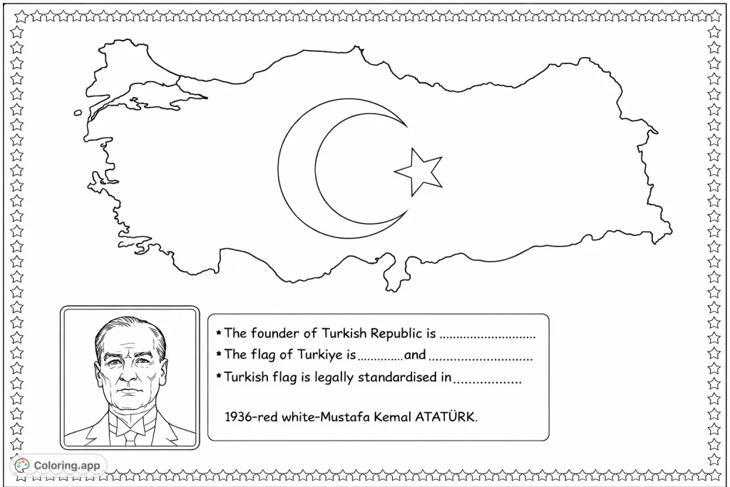 Explore Turkey's geography with its map, national symbols, and a distinguished portrait of Atatürk. A unique educational and historical coloring experience.
