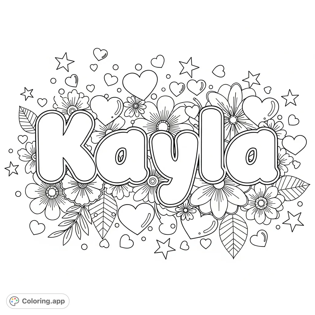 "Kayla" in playful bubble letters, adorned with an enchanting array of hearts, stars, and flowers for a whimsical and delightful coloring experience.