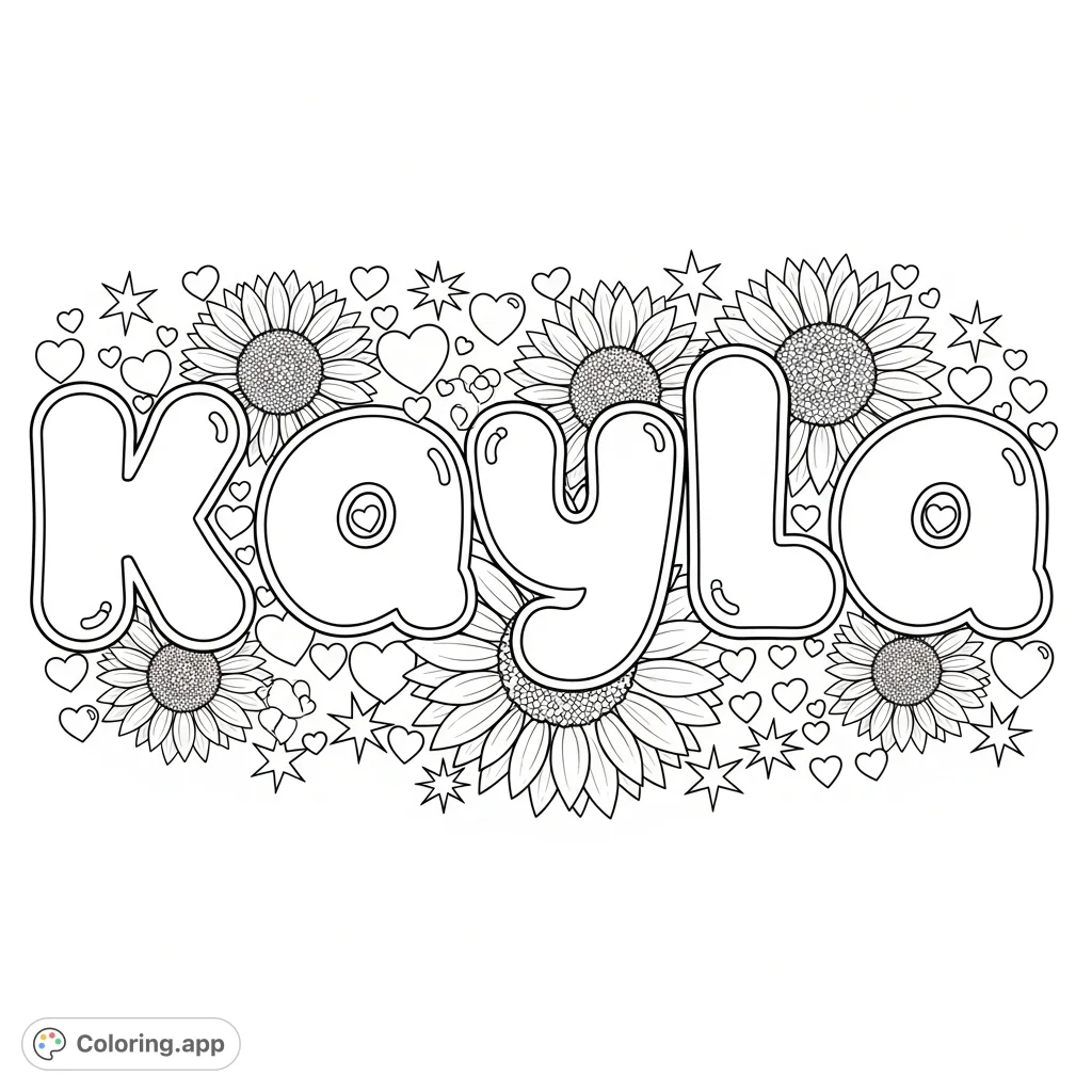 A delightful Kayla coloring page featuring bold bubble letters adorned with charming sunflowers, hearts, and stars. A free printable coloring page for all ages!