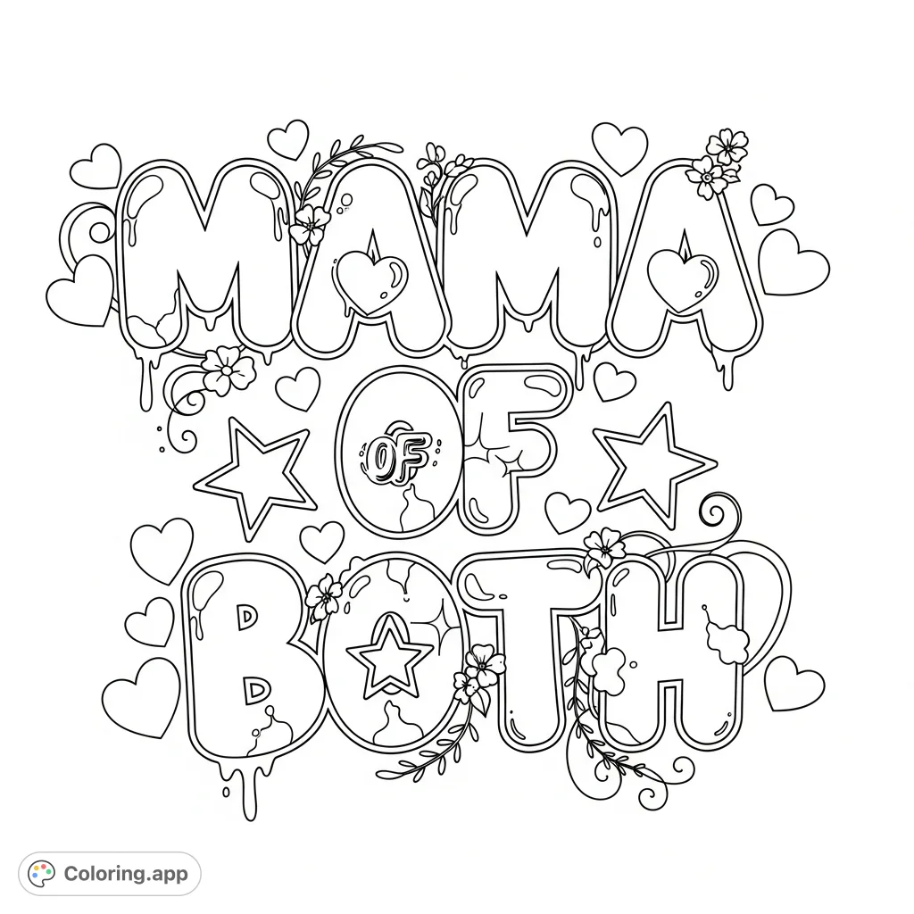 A dynamic graffiti coloring page featuring "MAMA OF BOTH" text, adorned with scattered hearts, stars, and intertwining floral patterns. Perfect for personal expression!