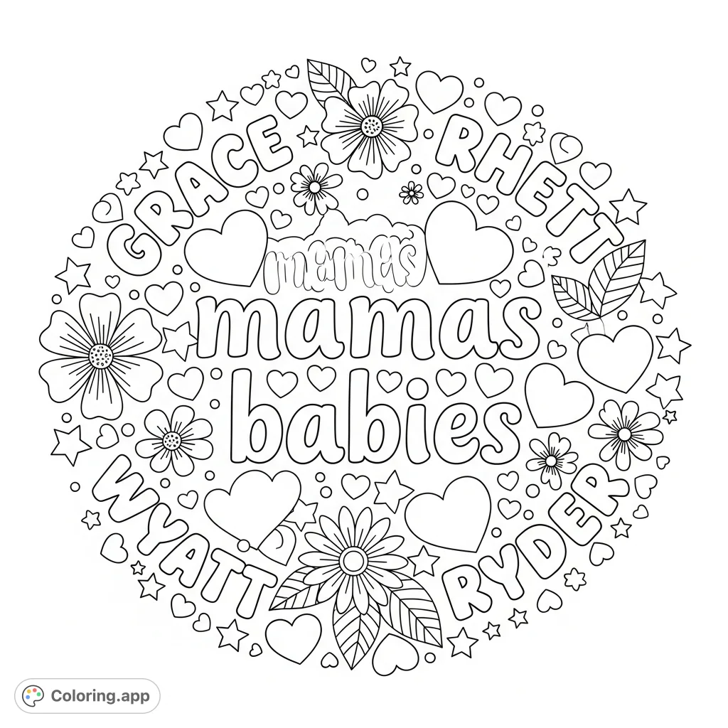 Celebrate family and friendship with this charming coloring page featuring 'mamas babies' text, names Grace, Rhett, Wyatt, Ryder, and delightful hearts, flowers, and stars.