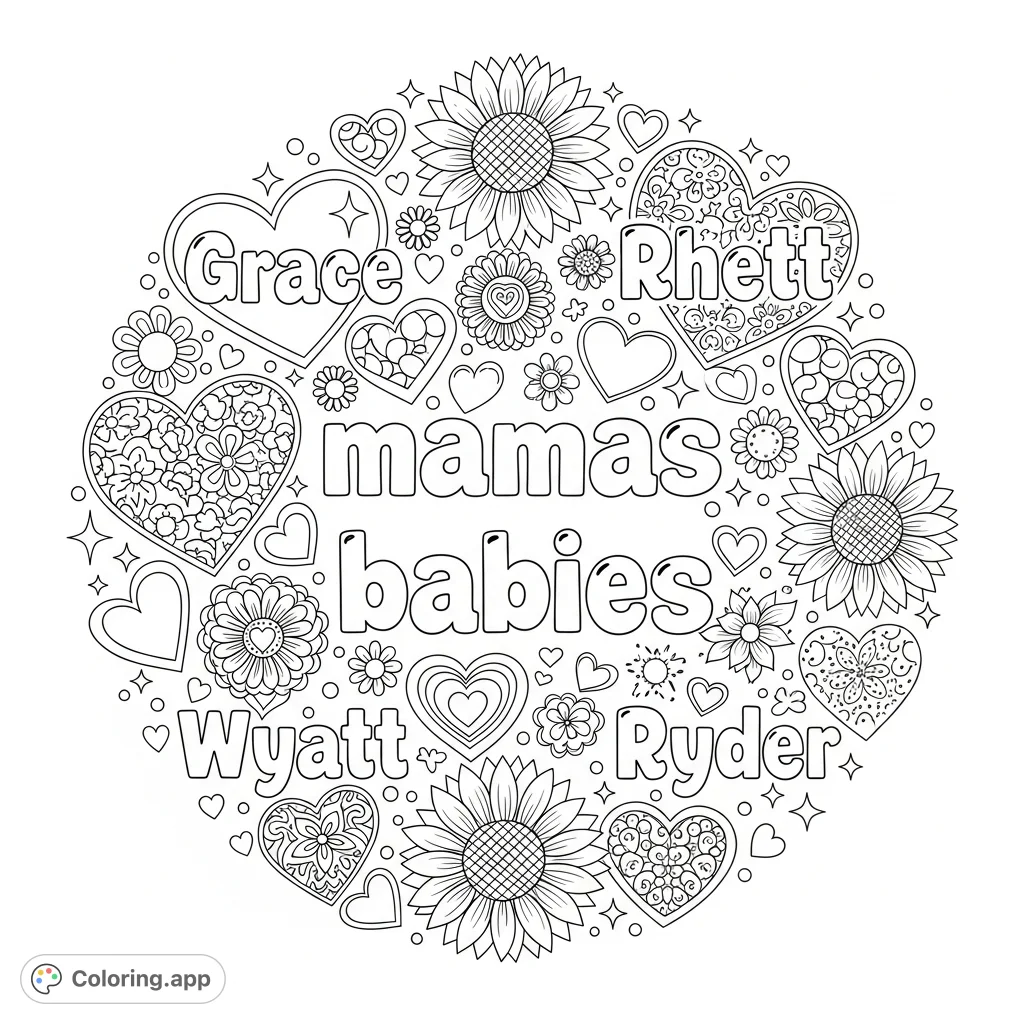 Celebrate cherished bonds with this heartfelt coloring page featuring "mamas babies" text, personalized names, and a lovely array of hearts, flowers, and stars.