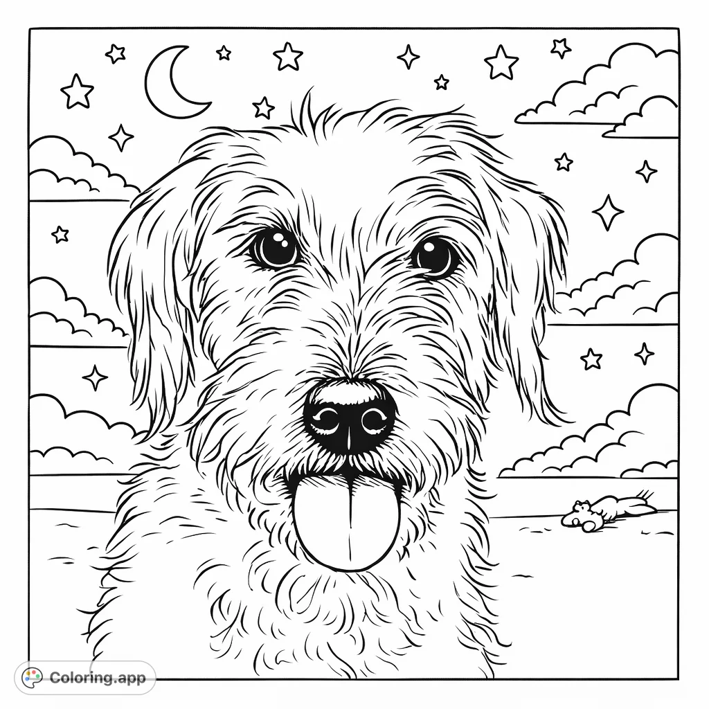 A fun dog coloring page: a scruffy canine playfully sticks its tongue out. Features celestial stars and soft clouds.