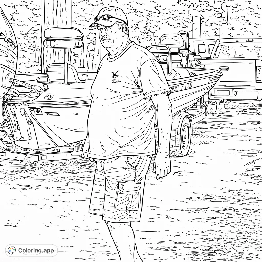 Capture the essence of an outdoor adventure with this detailed boating scene, featuring a man by his fishing boat and truck amidst a natural backdrop.