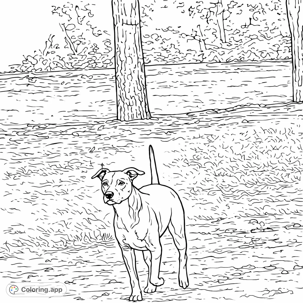 Capture the spirit of a lively dog exploring a natural landscape with textured trees and ground. A fun, engaging animal coloring page for all ages.