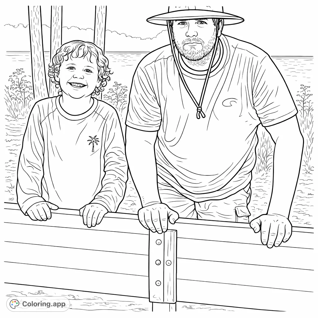 Enjoy coloring a heartwarming scene of a father and son leaning on a lakeside barrier, smiling and ready for adventure in nature.