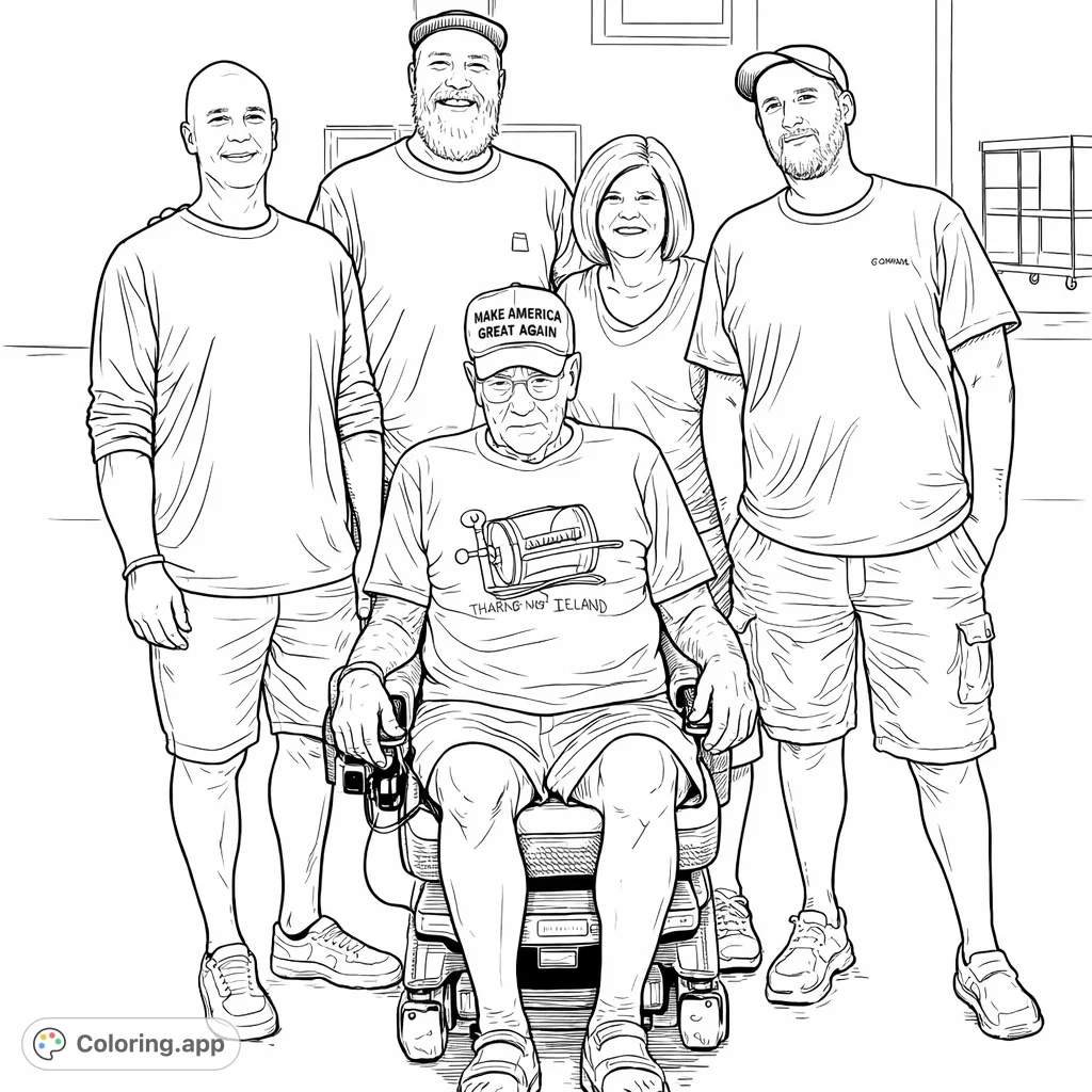 A heartwarming group portrait capturing family members across generations, featuring an elder in a mobility scooter surrounded by smiling loved ones.