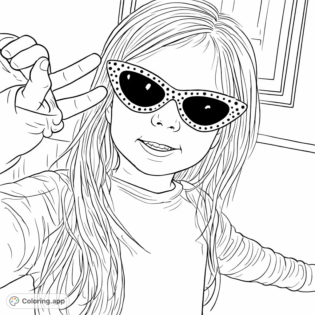 A cheerful child in polka dot cat-eye sunglasses flashes a peace sign. A fun and stylish coloring page for creative expression.