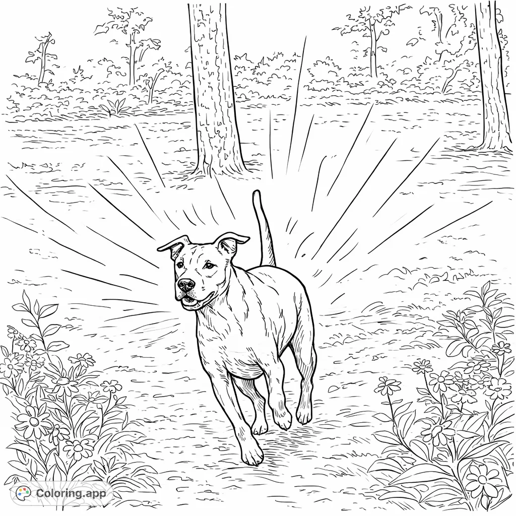 Explore the wilderness with this dynamic dog coloring page, a free printable! A lively pup stands alert amidst trees and grass, ready for adventure.
