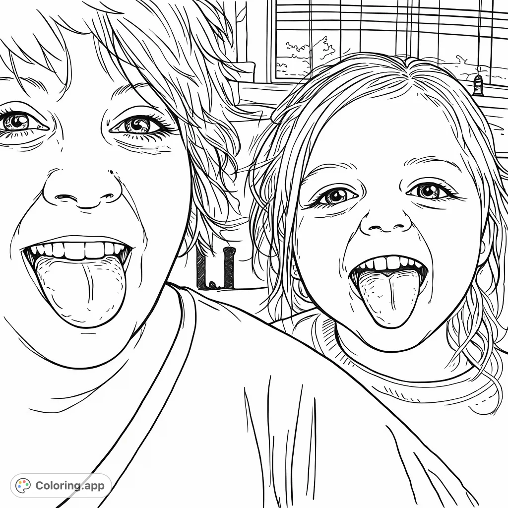 Capture a moment of pure joy with this silly faces coloring page featuring an adult and child sticking out their tongues. A delightful scene for playful creativity!