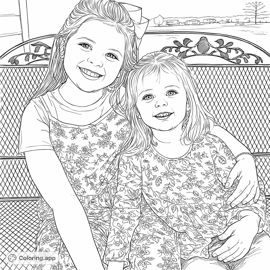 Capture the heartwarming bond of two smiling sisters on a decorative bench. A delightful portrait with floral patterns and a serene outdoor setting awaiting your creative touch.
