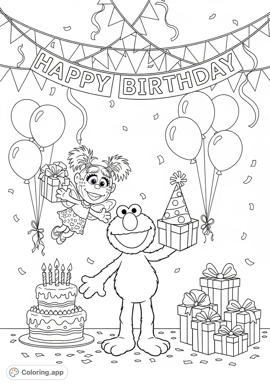 Celebrate with Elmo and Abby Cadabby at their festive birthday party! This fun coloring page features cake, balloons, presents, and 'Happy Birthday' banner.