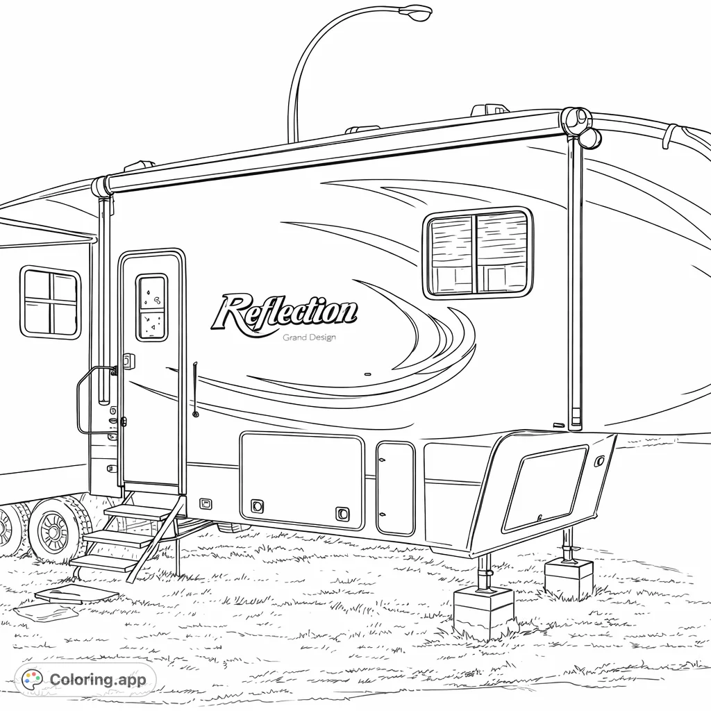 Explore the open road with this detailed fifth-wheel RV coloring page, featuring a large recreational vehicle, steps, awning, and a scenic backdrop.