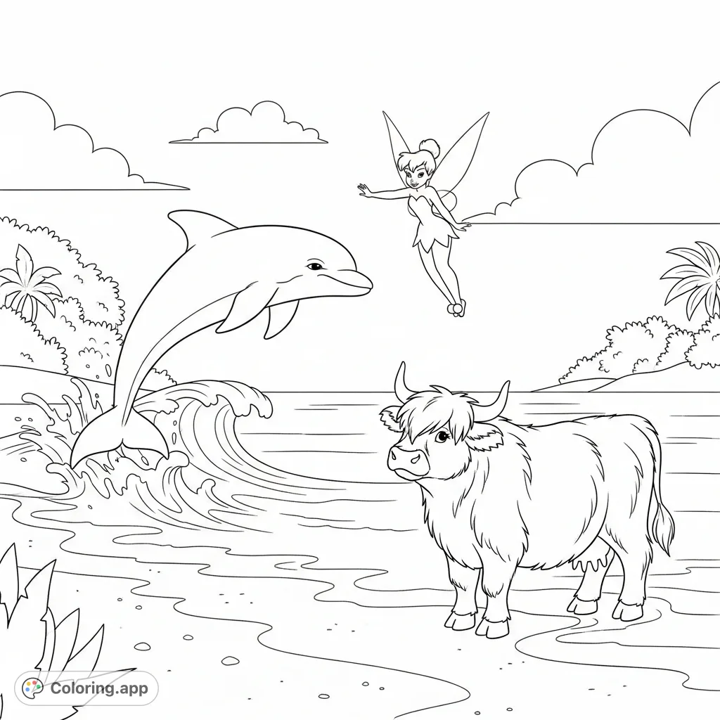A delightful Tinkerbell and friends beach coloring page featuring a fairy, a leaping dolphin, and a shaggy highland cow on a sandy shore. Perfect for imaginative fun!