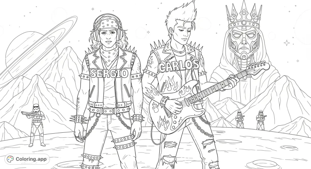 Unleash your creativity with this detailed Saturn rock and roll coloring page featuring "SERGIO" and "CARLOS," Star Wars soldiers, and a cyborg king.
