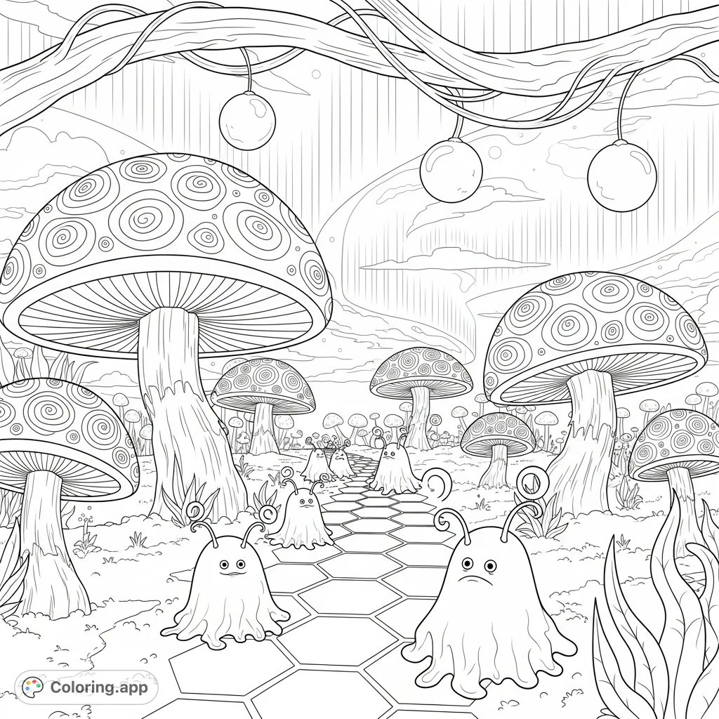 Explore a mystical alien garden with colossal, patterned mushrooms, whimsical blob creatures, and a sky alive with an otherworldly aurora. A unique fantasy coloring page.