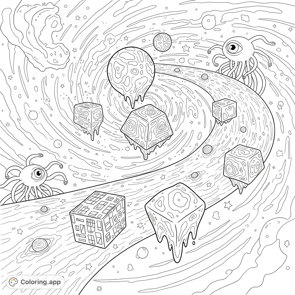 Explore a surreal cosmic vortex with impossibly shaped geometric structures, a river of stars, and mysterious single-eye creatures. A challenging, free printable coloring page.