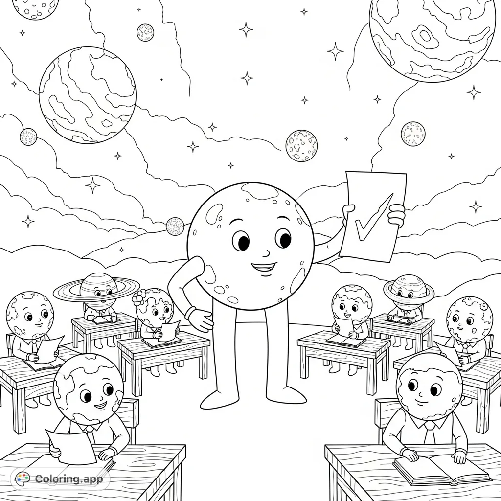 Explore a whimsical celestial classroom featuring a friendly planetary teacher and adorable student planets and stars. A fun, educational cosmic scene!