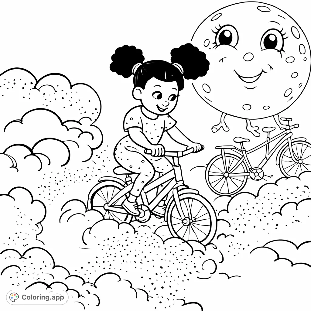 Join a cheerful child on a magical bicycle adventure through a sky filled with fluffy clouds, sparkling elements, and a friendly celestial companion. A whimsical dreamscape awaits your creative touch!