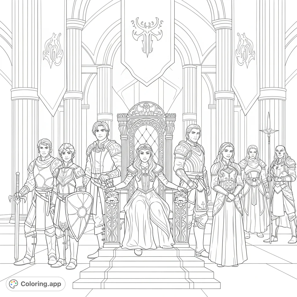 Immerse yourself in the world of Terrasen with this Throne of Glass coloring page, featuring Aelin, Rowan, and allies in a grand court.