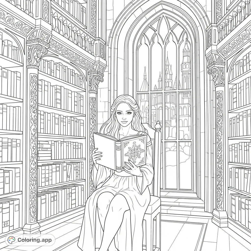 A detailed Celaena Sardothien coloring page, featuring her engrossed in a book amidst a grand library with ornate shelves and a view of Glass Castle.