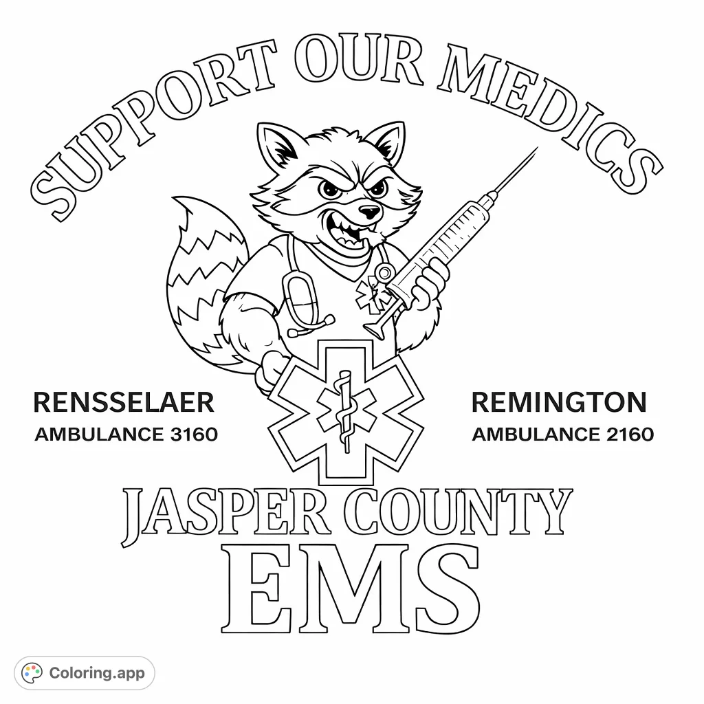 A dynamic raccoon medic mascot holding a syringe, standing proudly above a detailed Star of Life emblem, ready to be brought to life with your colors.