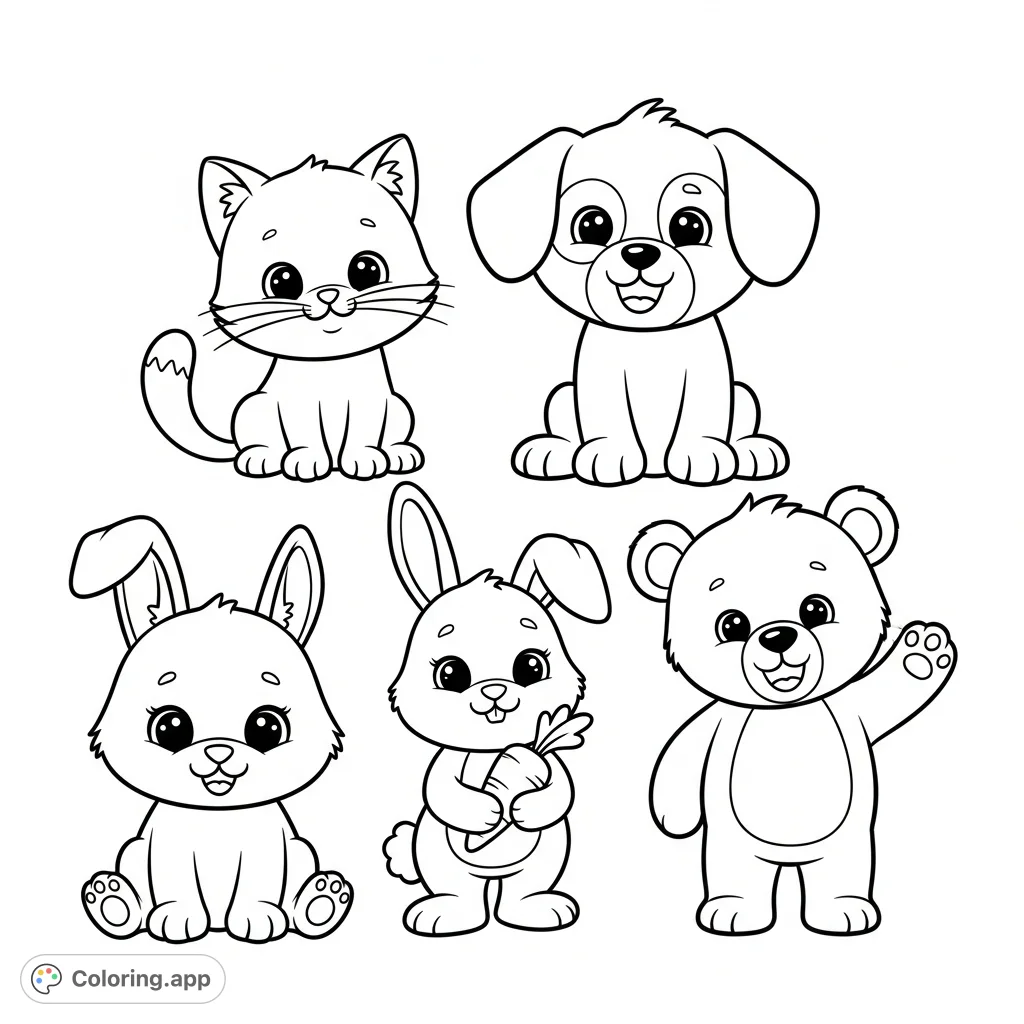 Discover adorable cartoon animals—kitten, puppy, bunny, bear—with friendly faces and thick outlines. A perfect, simple coloring page for all ages to enjoy!