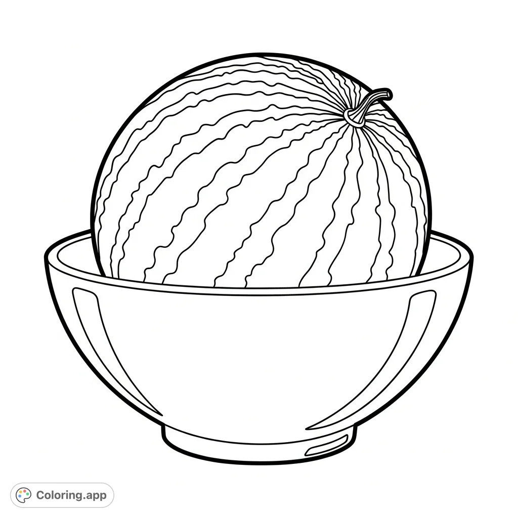Discover a charming striped watermelon in a bowl. This delightful fruit coloring page is perfect for all ages, offering a fun, free printable coloring page.