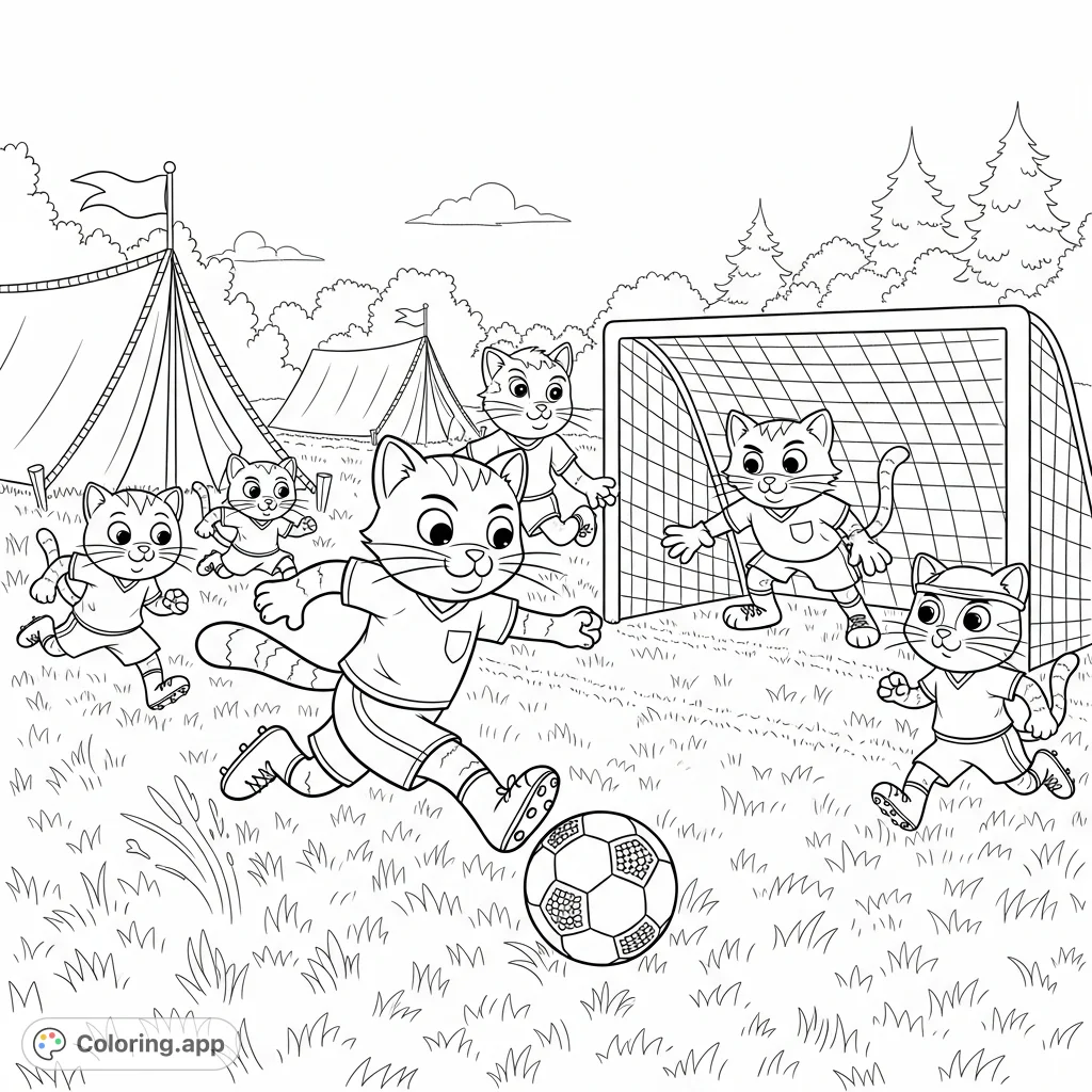 A lively team of cartoon cats playing an exciting soccer match on a textured grassy field at a bustling summer camp. Perfect for playful creativity!
