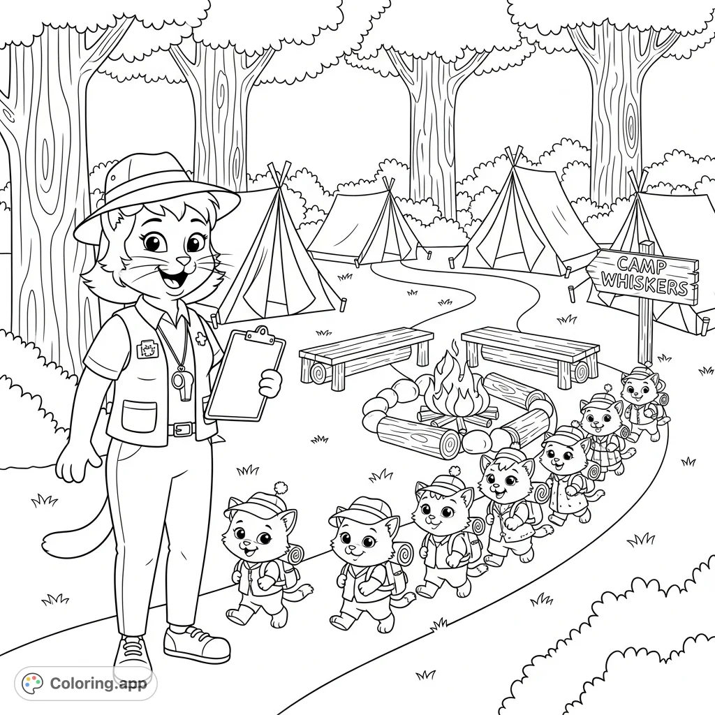 A heartwarming cartoon coloring page featuring a friendly cat camp counselor welcoming an eager group of kitten campers to Camp Whiskers. Perfect for animal and camping fans!
