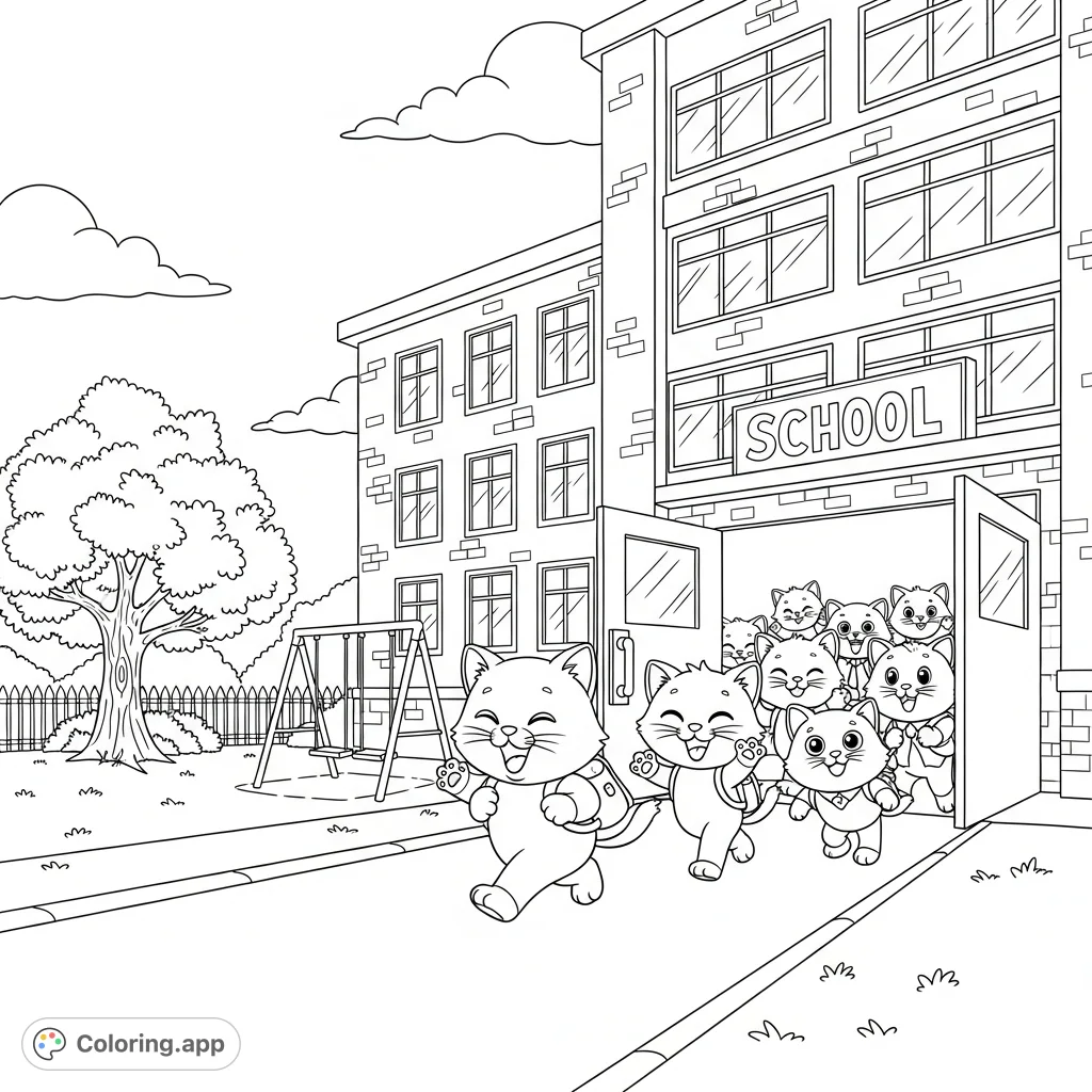 A delightful free printable kindergarten kittens coloring page featuring a group of happy cartoon kittens joyfully exiting school for summer, ready for fun.