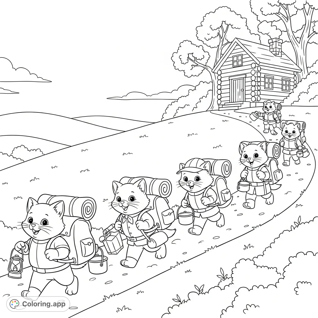 An adorable group of cartoon kittens hiking a winding path up a hill, laden with tiny backpacks and camping gear, towards a cozy log cabin. A charming adventure scene.