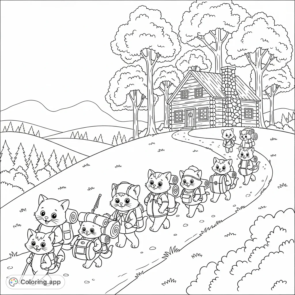 A charming group of cartoon kittens embarks on an exciting hiking adventure, carrying their gear towards a cozy log cabin nestled amongst hills. A delightful nature scene for coloring.