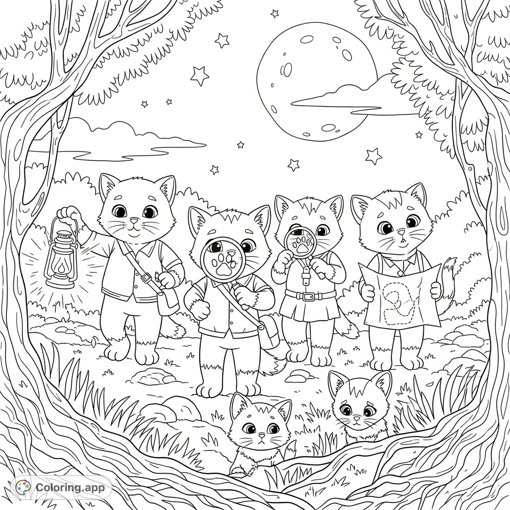 Join an adorable group of cartoon kittens on an exciting wilderness search party under a moonlit sky. Help them find their lost friend in this charming kitten coloring page!