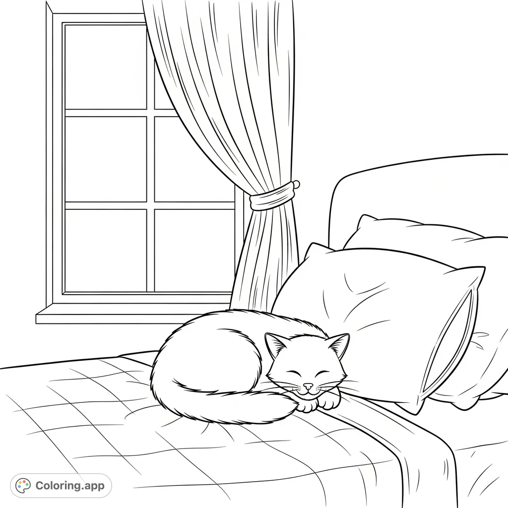 A cozy cartoon cat is peacefully sleeping, curled on a soft bed next to a sunlit window with flowing curtains. A perfect, serene scene for relaxation.
