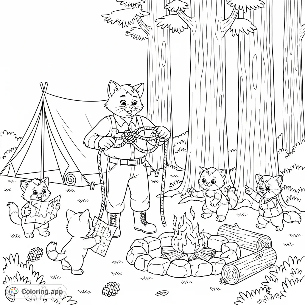 Adorable cartoon kittens receive wilderness survival training from a wise adult cat at a cozy campsite, featuring a tent and fire pit. A fun, educational coloring page.