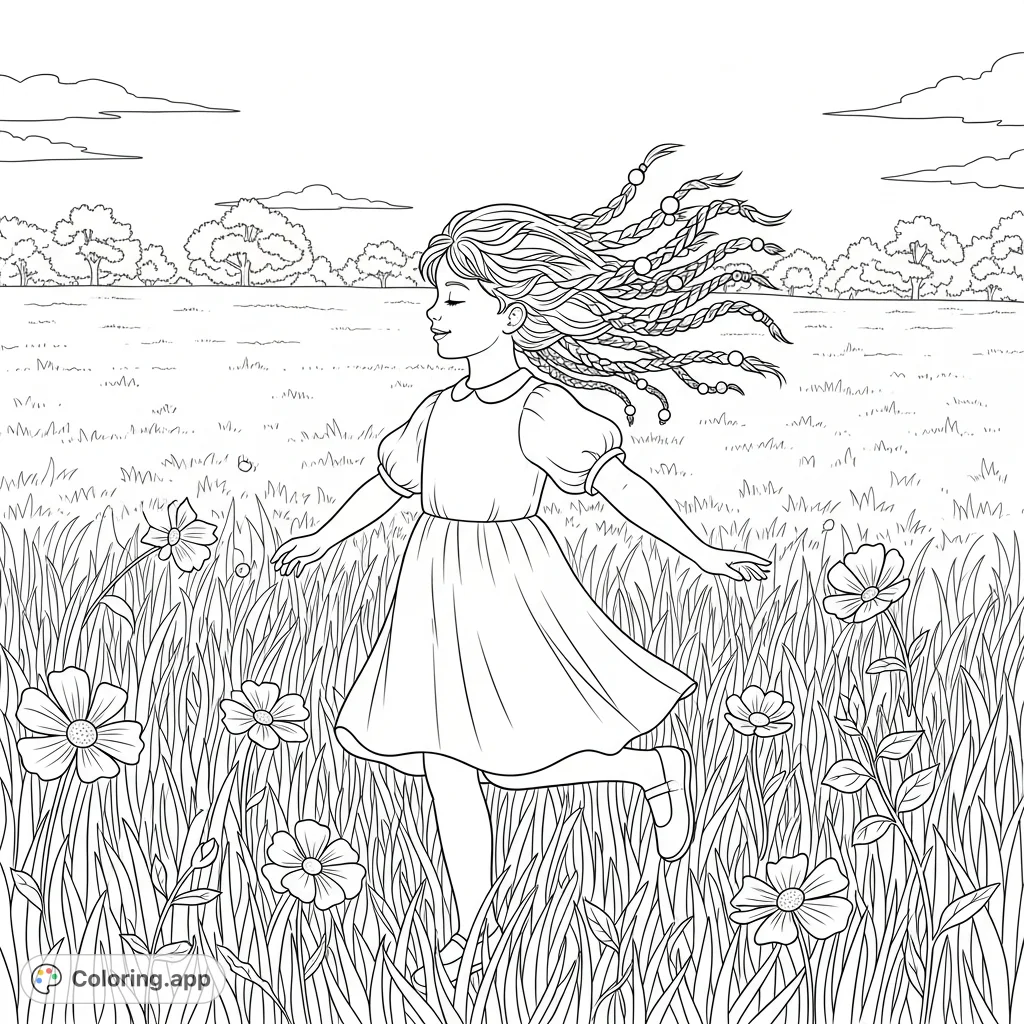 A delightful little girl skips through a vibrant field of tall grass and wildflowers, her beaded braids flowing behind her. A cheerful and detailed scene.