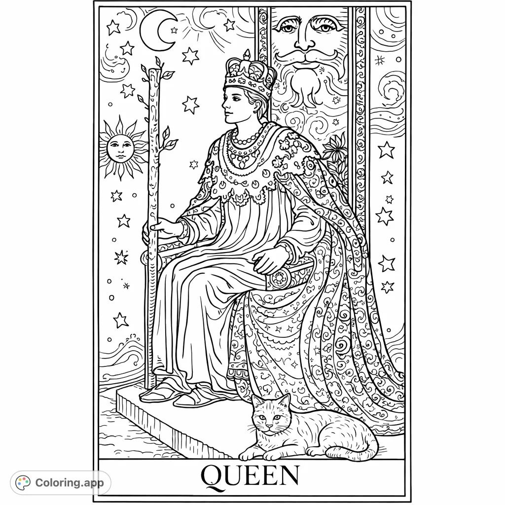 A mystical Tarot card design featuring a regal queen holding a sprouting staff, with a feline companion, presented in an Art Nouveau style. Perfect for adults.