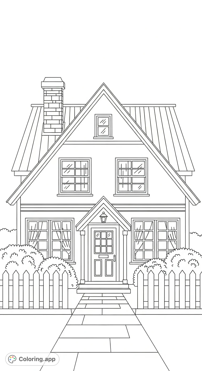 A delightful house coloring page featuring a two-story home with a pitched roof, chimney, welcoming door, and framed windows, set amidst a simple garden.