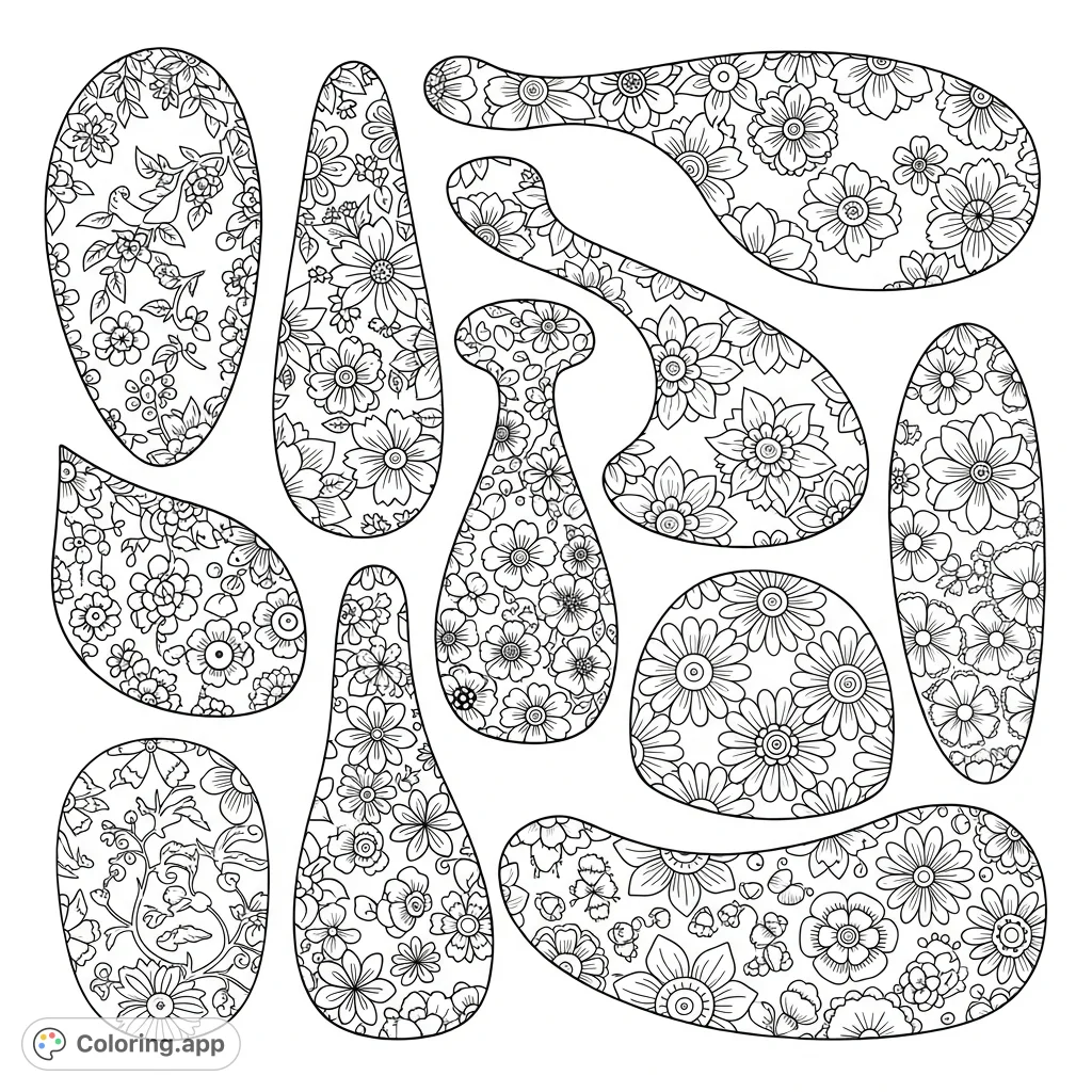 Explore intricate floral patterns on diverse adult forms in this unique coloring page. A creative escape for grown-ups seeking artistic expression.